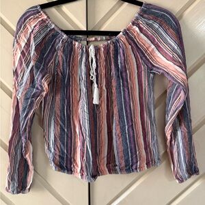 Hollister Striped Off-Shoulder Blouse in Pink, Blue and White